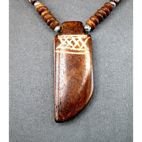 Handcrafted Tribal Style Wood Pendant Necklace With Engraved Detailing On Adjust - Picture 3 of 4